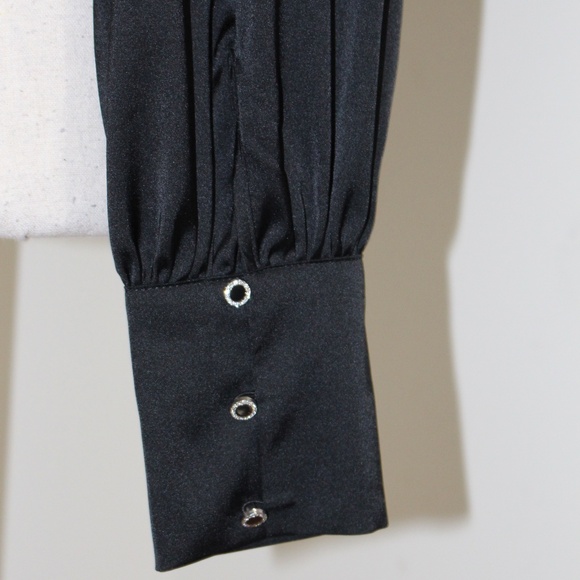 Express Long Sleeve Mock Neck Satin Blouse Open Tie Back Size Medium Rhinestone - Picture 5 of 12